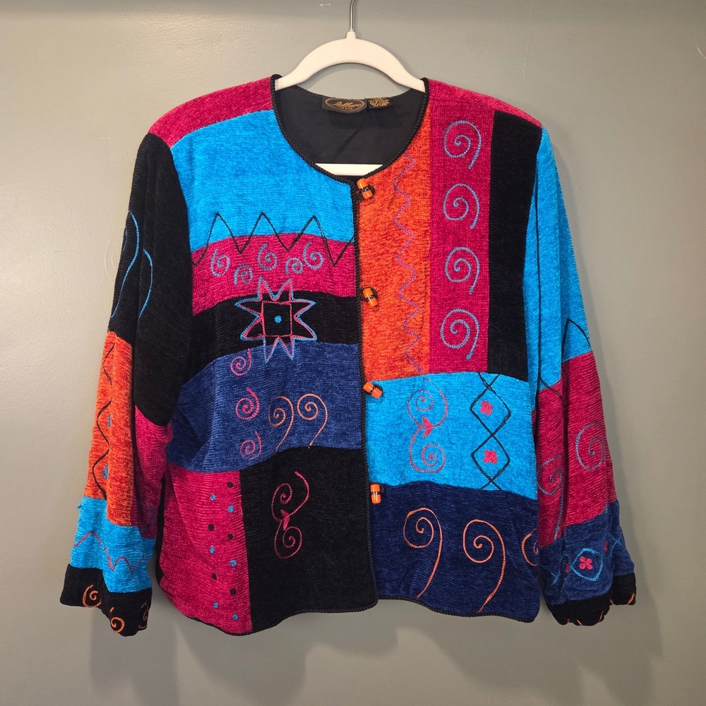 Vintage Allure Women's Patchwork Jacket Size L Petite Colorful 90s Wearable Art